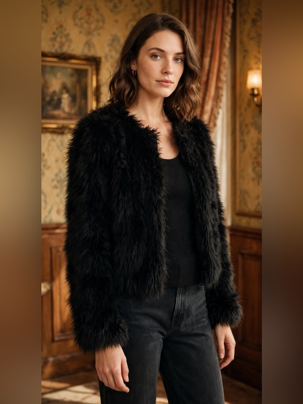 Holt Renfrew Black Feather Jacket – Size S, Cropped Fluffy Evening Jacket